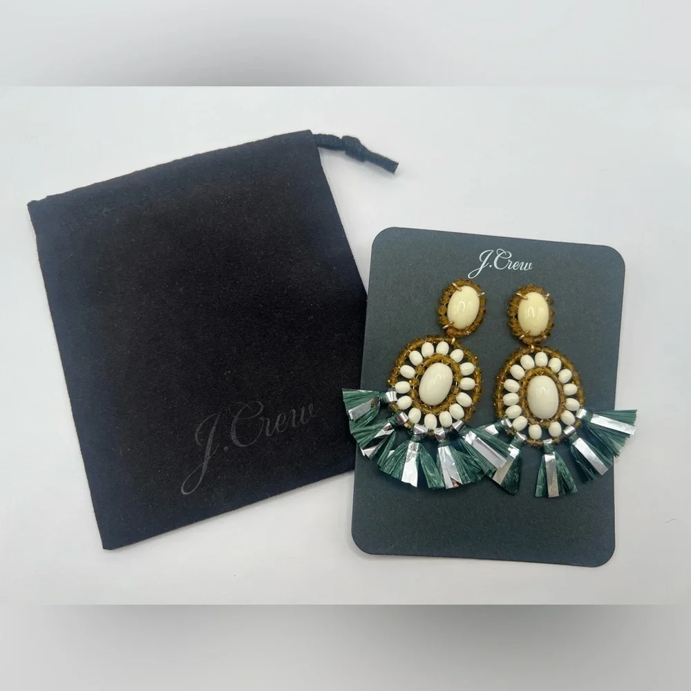 NWT! J. Crew Bead and Raffia Fringe Stone Drop Earrings And Dust Bag